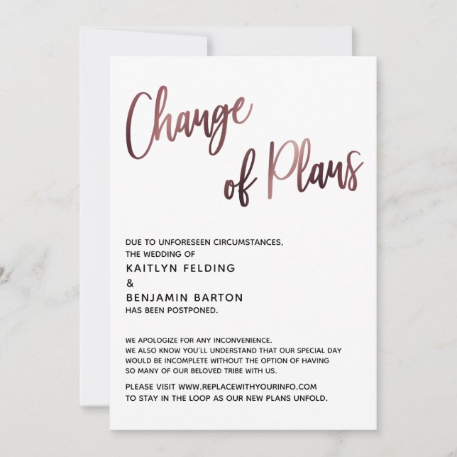 Rose Gold Change of Plans Postponed Wedding Card (Front)