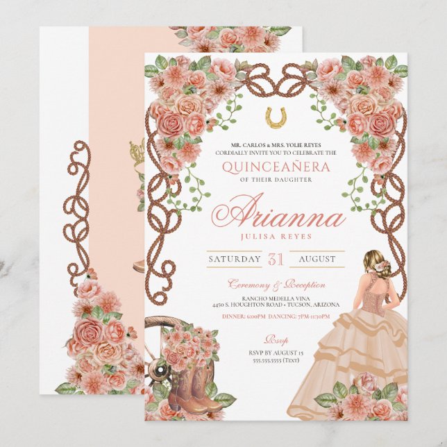 Rose Gold Charra Western Style Floral Quinceañera Invitation (Front/Back)