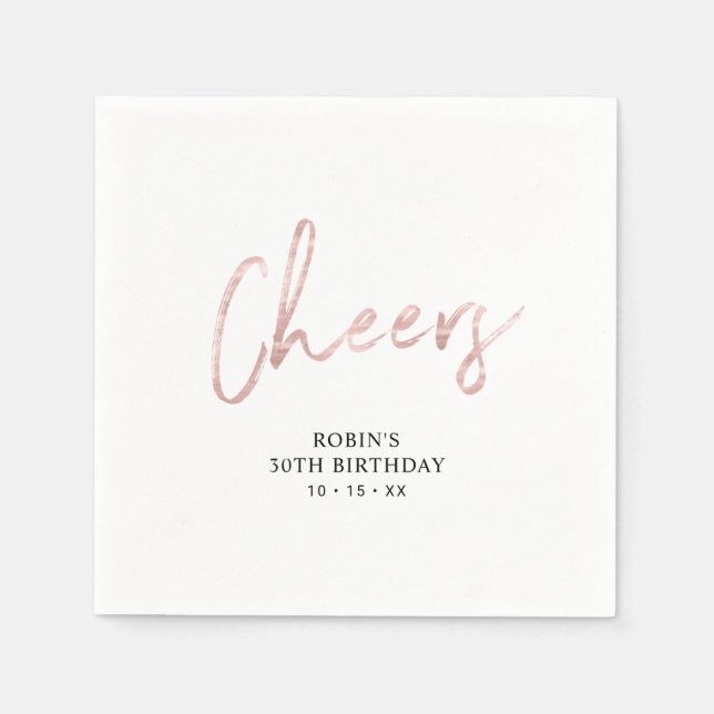 Rose Gold Cheers Brush Script Adult Birthday Party Napkin (Front)