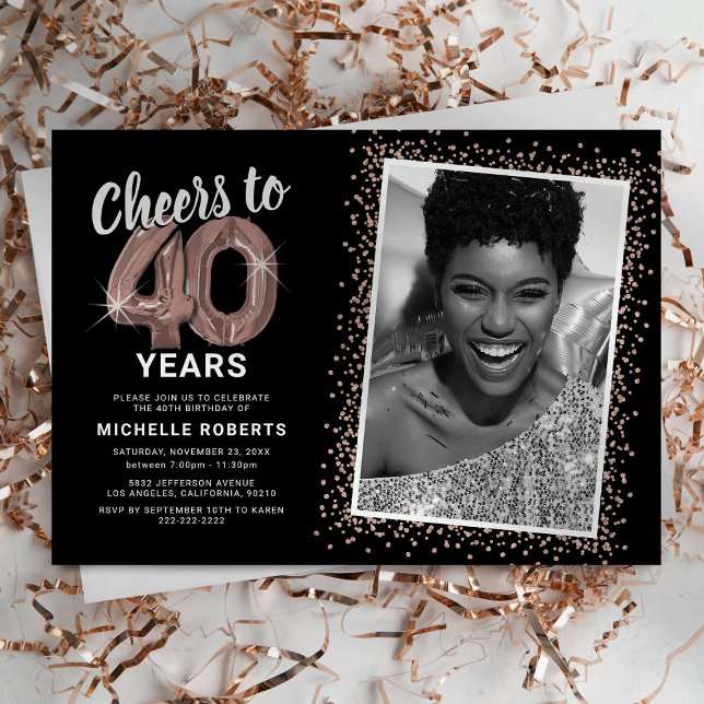 Rose Gold Cheers to 40th Birthday Photo Invitation (Creator Uploaded)