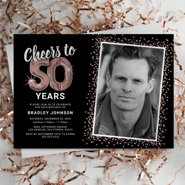 Rose Gold Cheers to 50th Birthday Photo Invitation (Creator Uploaded)