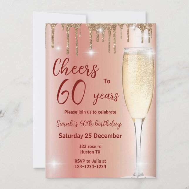 Rose gold Cheers to 60 year birthday invitation (Front)