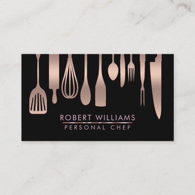 Rose Gold Chef Kitchen Tools Glitter Faux Catering Business Card (Front)