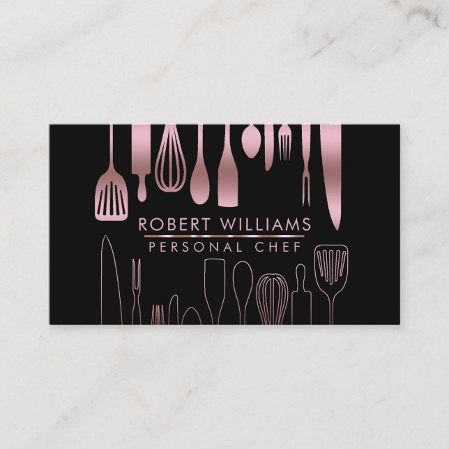 Rose Gold Chef Kitchen Tools Glitter Faux Catering Business Card (Front)