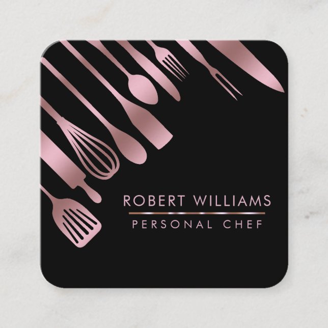 Rose Gold Chef Kitchen Tools Glitter Faux Catering Square Business Card (Front)