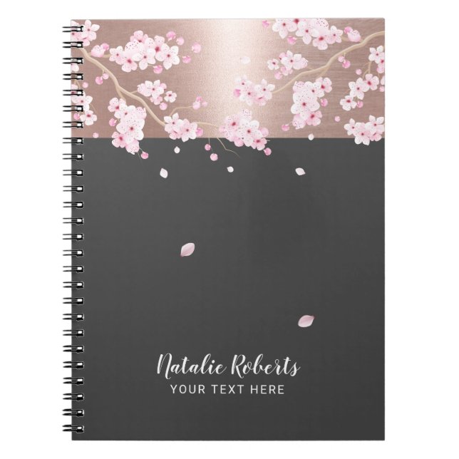 Rose Gold Cherry Blossom Floral Notebook (Front)