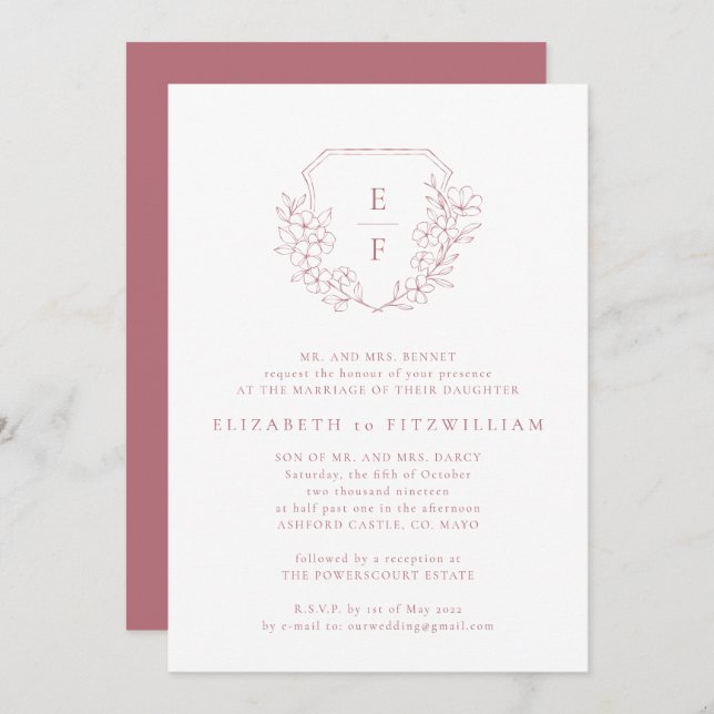 Rose Gold Cherry Blossoms Crest Monogram Wedding Invitation (Front/Back)