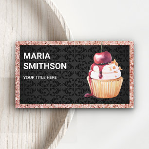 Rose Gold Cherry Cupcake Pastry Chef Bakery Business Card