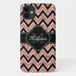Rose Gold Chevron Pattern Black White Monogram iPhone 11 Case