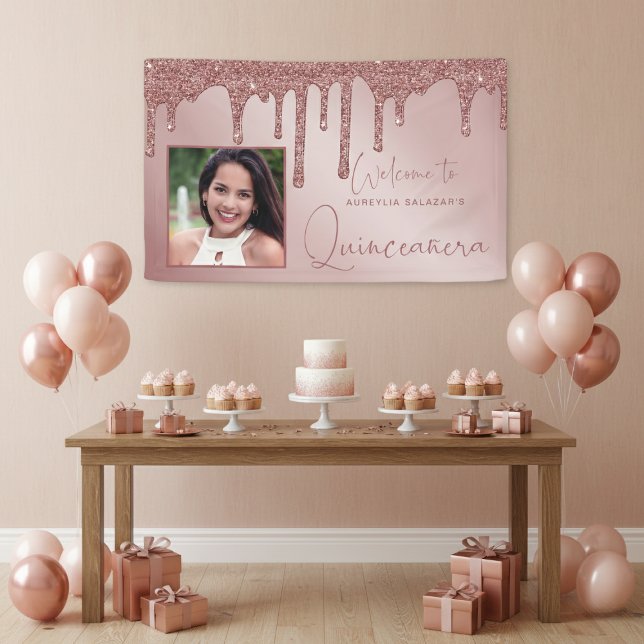 Rose Gold Chic Drips Quinceanera Banner (Rose Gold Sparkle Glitter Drips Quinceanera Banner)