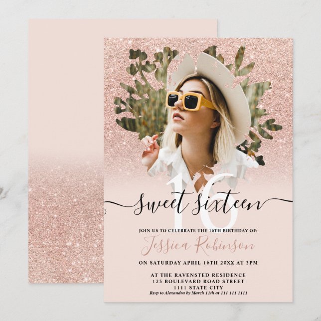 Rose gold chic glitter ombre photo floral Sweet 16 Invitation (Front/Back)