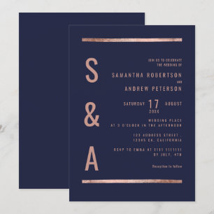 Rose gold chic navy blue geometric stripes wedding invitation