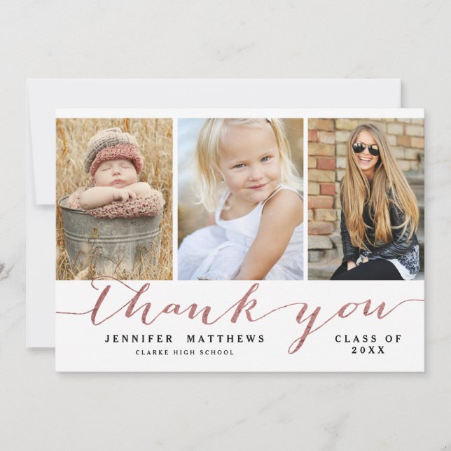 Rose Gold Chic Script Photo Graduation Thank You Announcement (Front)