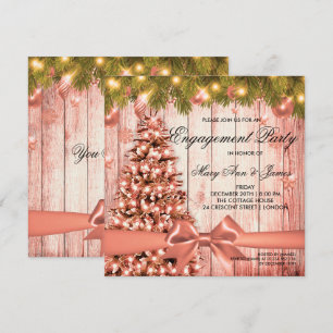 Rose Gold Christmas Engagement Party Tree & Ribbon Invitation