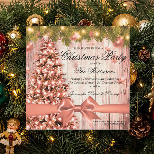Rose Gold Christmas Party   Xmas Tree & Ribbon Invitation