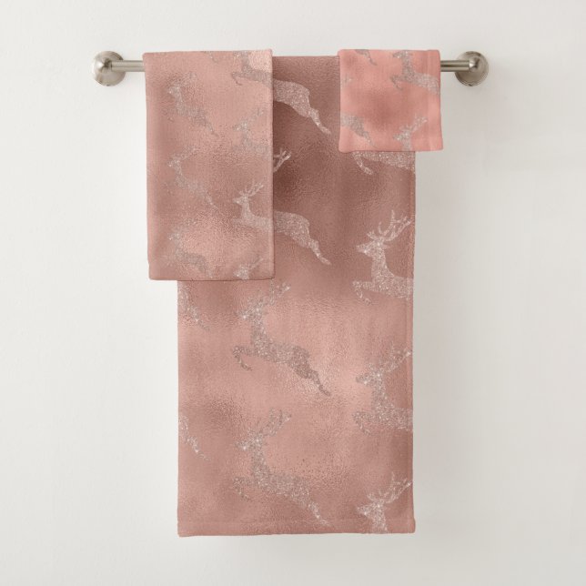 Rose Gold Christmas Reindeer Glitter look Bath Towel Set (Insitu)