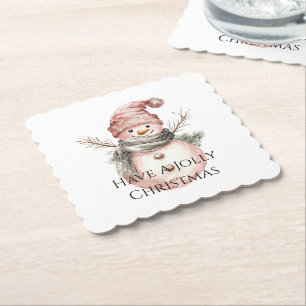 Rose Gold Christmas Snowman Paper Coaster