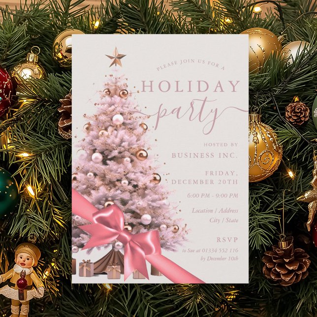 Rose Gold Christmas Tree Bow Corporate Holiday  Invitation (Rose Gold Christmas Tree Bow Corporate Holiday Invitation)