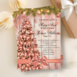 Rose Gold Christmas Wedding Tree, Lights & Ribbon Invitation