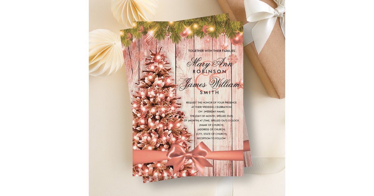 Rose Gold Christmas Wedding Tree, Lights & Ribbon Invitation | Zazzle