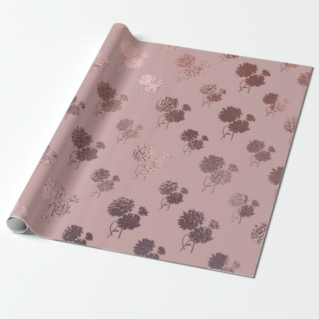 Rose Gold Chrysanthemum Pattern on Blush Pink Wrapping Paper (Unrolled)