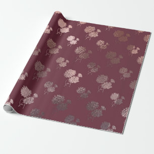 Rose Gold Chrysanthemum Pattern on Burgundy Wrapping Paper