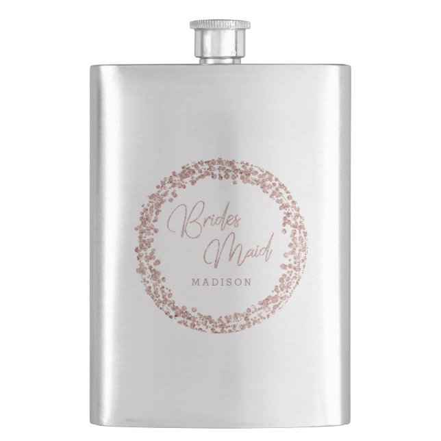 Rose Gold Circle Frame Wedding Bridesmaid Hip Flask (Front)