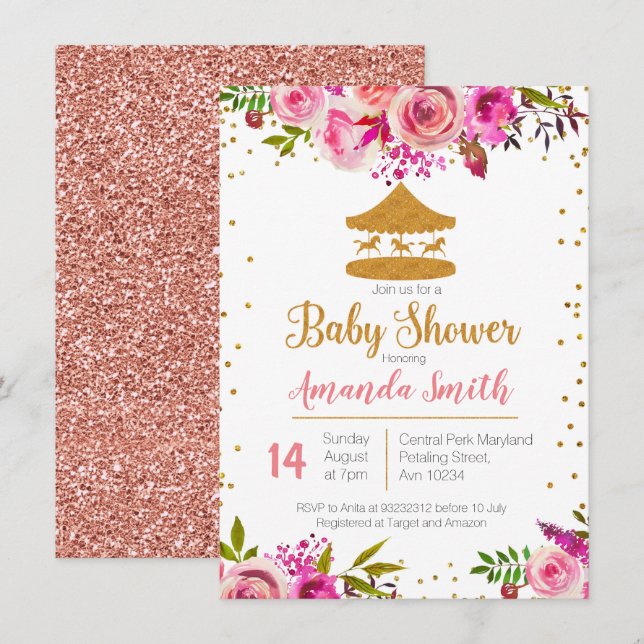 Rose Gold Circus baby shower invitation (Front/Back)
