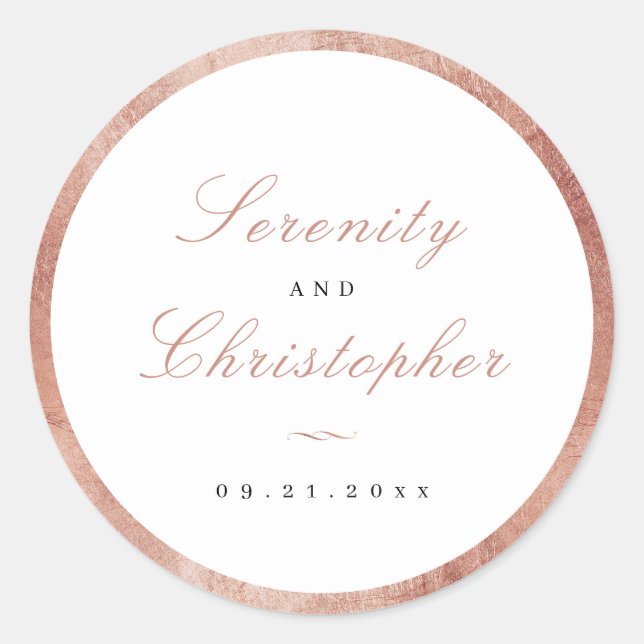 Rose Gold Classic Elegance Script Wedding Favours Classic Round Sticker (Front)