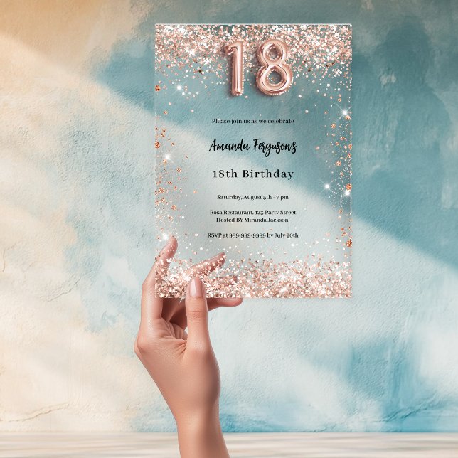 Rose gold clear 18th birthday luxury acrylic invitations (Creator Uploaded)