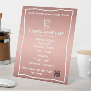 Rose Gold Coffee Cup Café Opening Hours QR Code Pedestal Sign