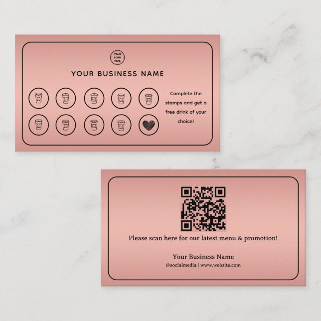 Rose Gold Coffee Cup QR Code Add Your Logo Loyalty Card (Front/Back)