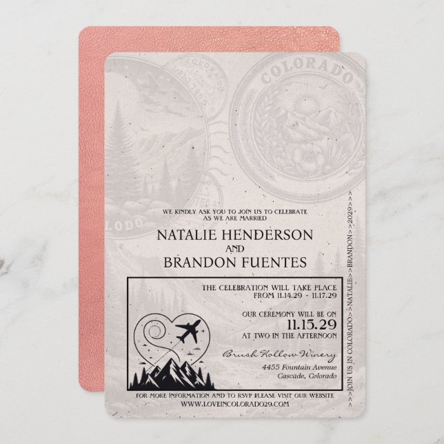 Rose Gold Colorado Passport Wedding Invitation (Front/Back)