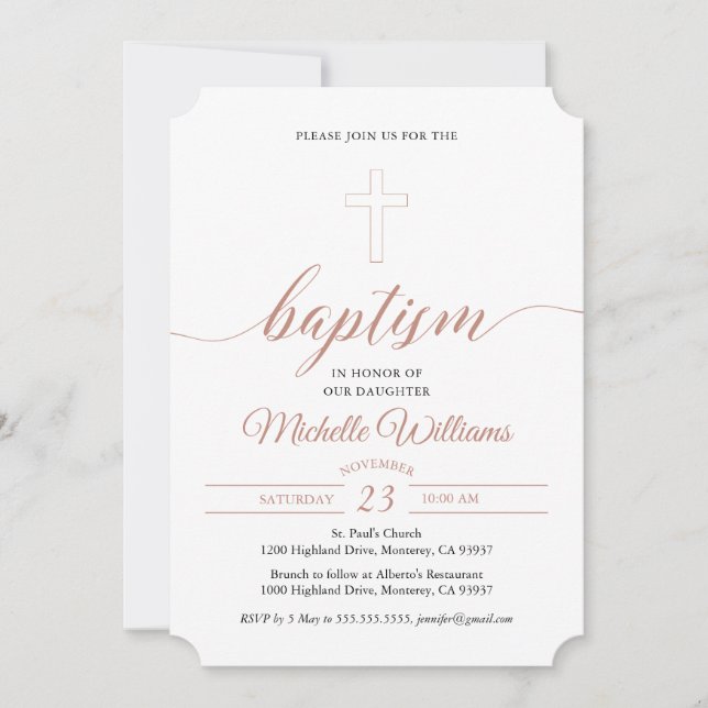 Rose Gold Colour Calligraphy Baptism Invitation (Front)