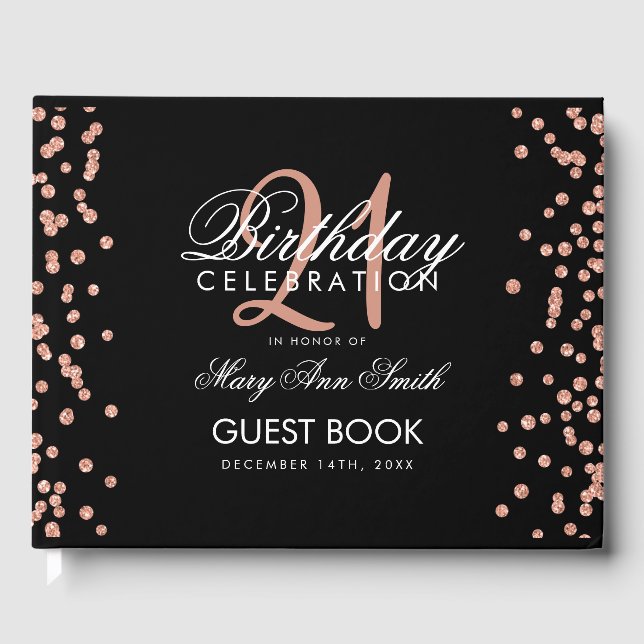 Rose Gold Confetti 21st Birthday Party Black Guest Book (Front)