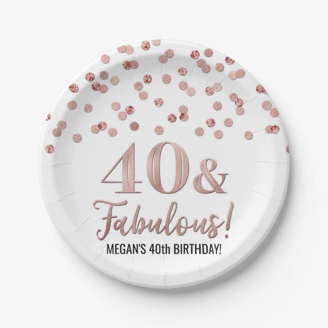 Rose Gold Confetti 40 and Fabulous Birthday Paper Plate (Front)