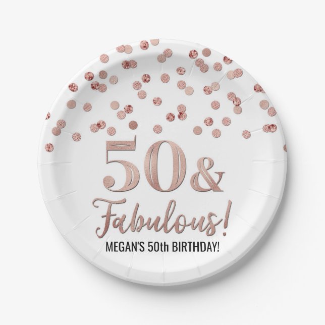 Rose Gold Confetti 50 and Fabulous Birthday Paper Plate (Front)