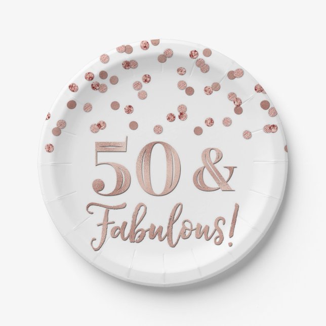 Rose Gold Confetti 50 and Fabulous Birthday Paper Plate (Front)