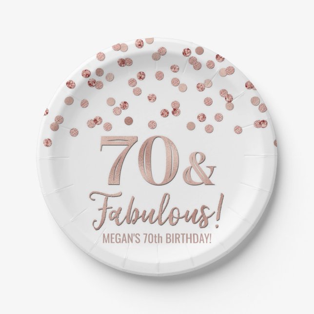Rose Gold Confetti 70 and Fabulous Birthday Paper Plate (Front)