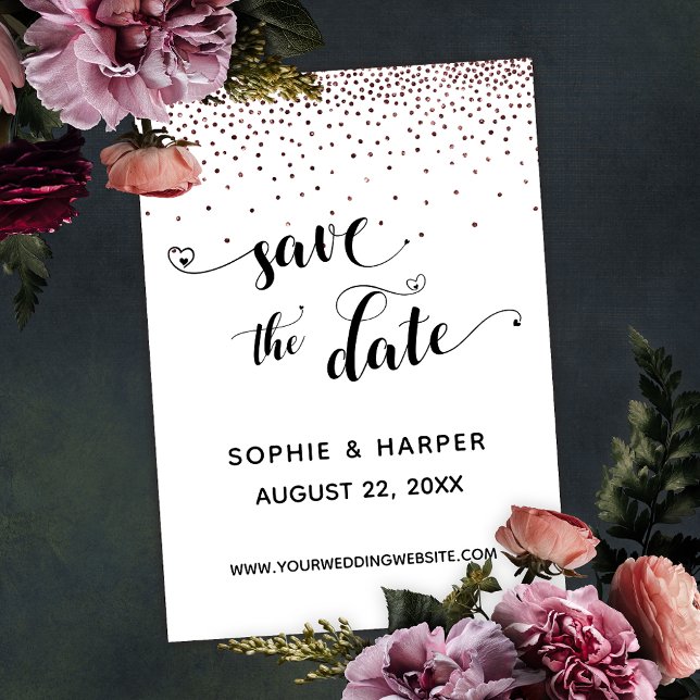 Rose Gold Confetti and Calligraphy with Hearts Save The Date (Creator Uploaded)