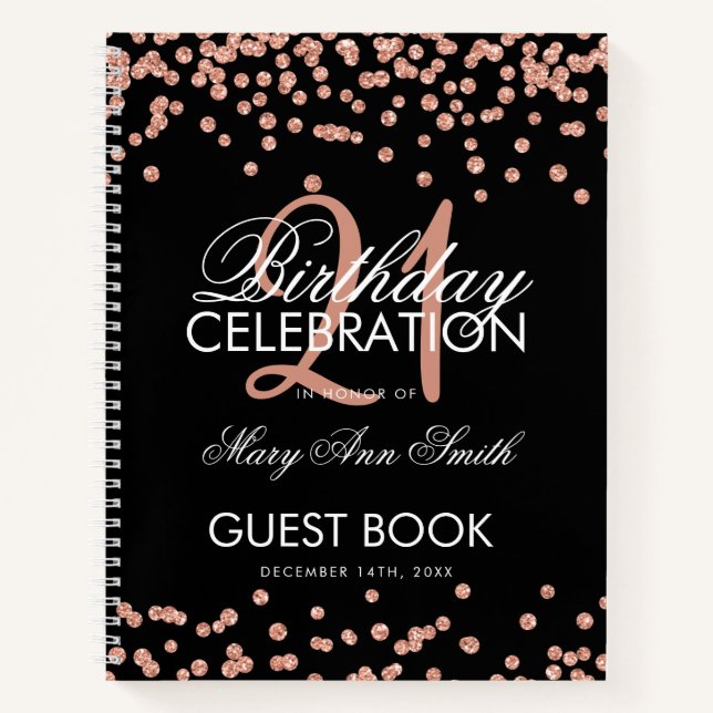 Rose Gold Confetti Black 21st Birthday Guestbook Notebook (Front)