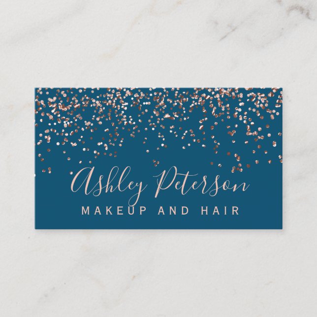 Rose gold confetti blue chic typography business card (Front)