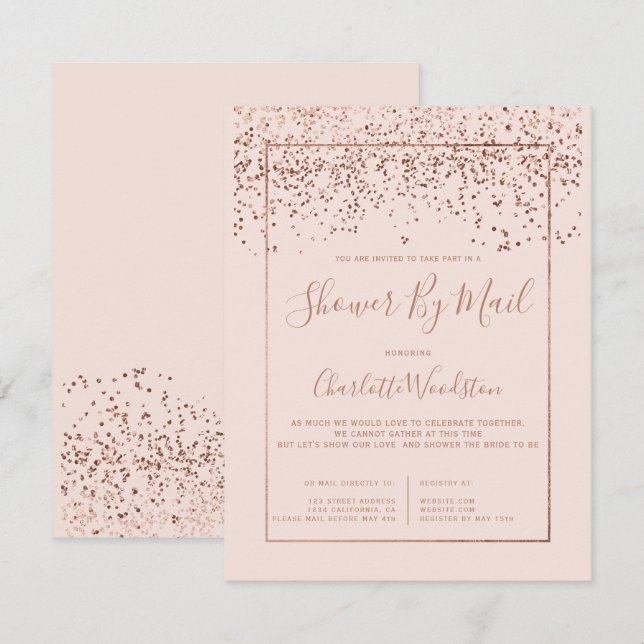 Rose gold confetti blush bridal shower by mail invitation (Front/Back)