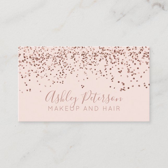 Rose gold confetti blush hair makeup typography business card (Front)