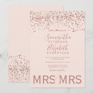 Rose gold confetti blush pink lesbian wedding invitation