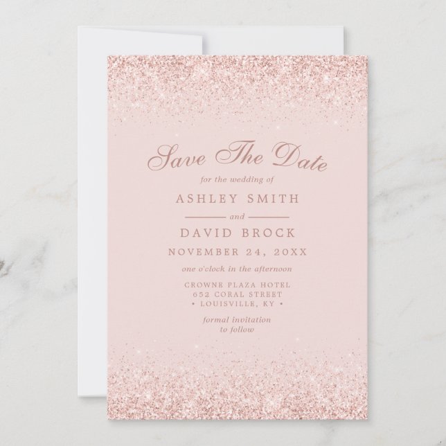 Rose Gold Confetti Blush Pink Modern Save The Date (Front)