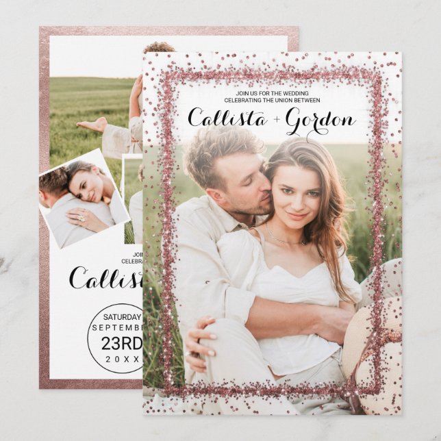 Rose Gold Confetti Border Photo Collage Wedding Invitation (Front/Back)