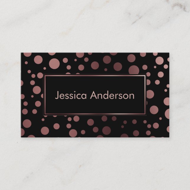 Rose Gold Confetti Bubbles Pattern over Black Business Card (Front)