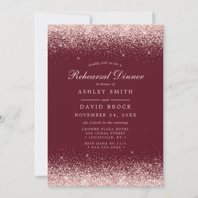 Rose Gold Confetti Burgundy Modern Rehearsal Invitation (Front)