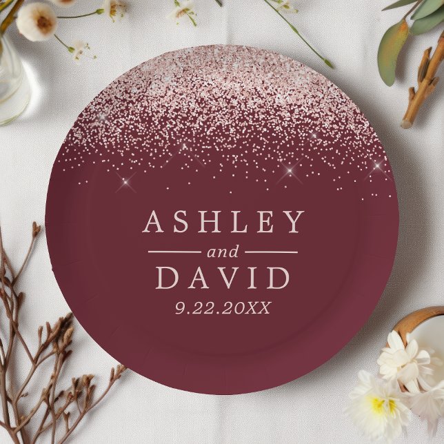 Rose Gold Confetti Burgundy Modern Wedding Paper Plate (Creator Uploaded)